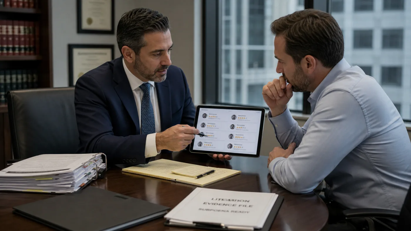 U.S. business owner and counsel reviewing whether to sue over a fake Google review