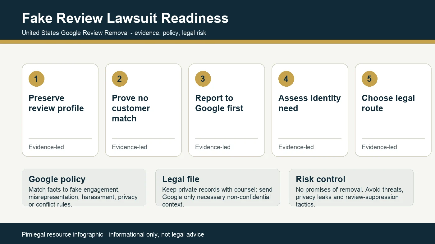 Technical infographic for deciding whether to sue for a fake Google review in the USA