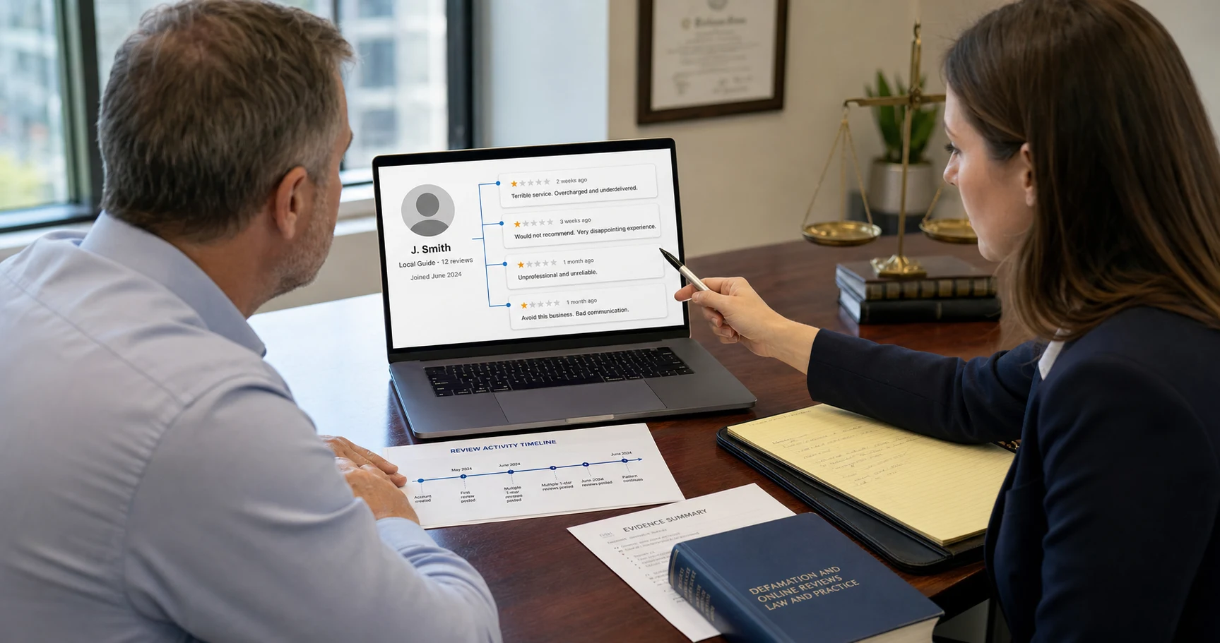 U.S. business owner and lawyer reviewing a suspicious Google reviewer profile and linked reviews
