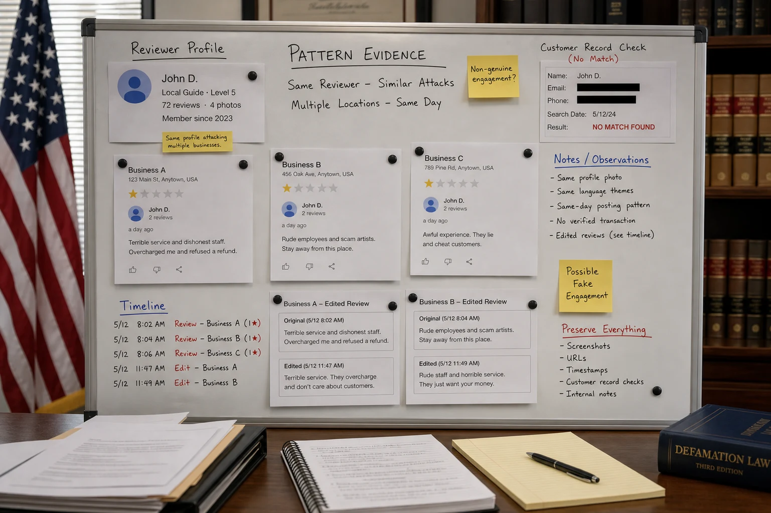 United States evidence board comparing Google reviewer profile activity, no-match records, and repeated review patterns