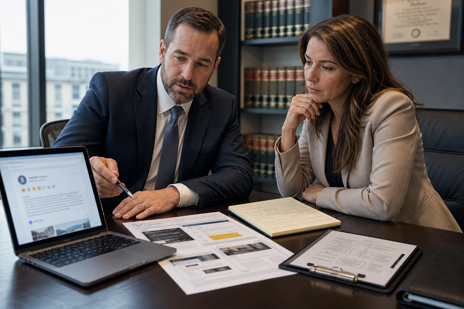 U.S. business owner and attorney reviewing a Google review accusing the company of false advertising beside campaign screenshots and claim notes