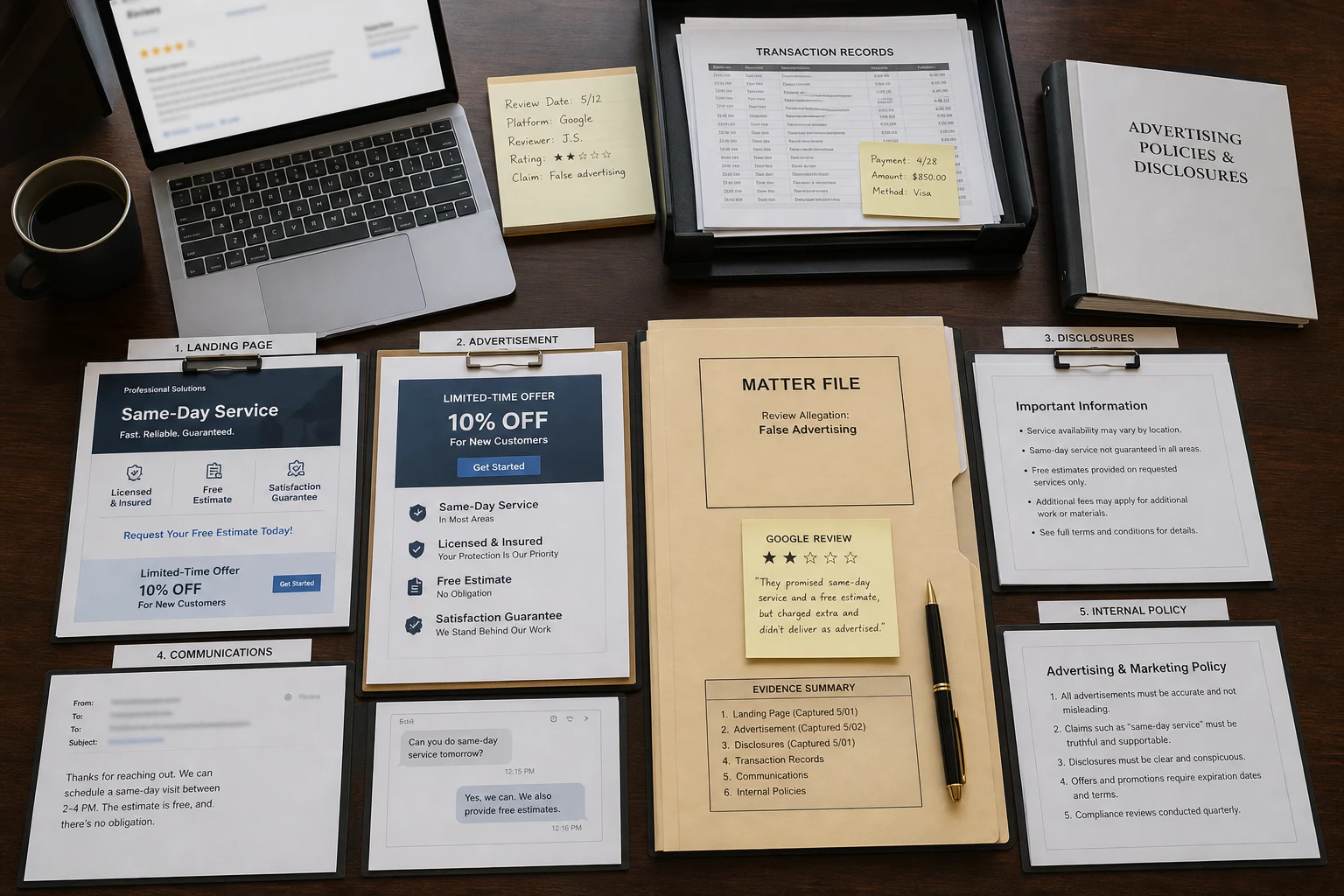 United States evidence desk comparing Google review screenshots with landing pages, before-and-after claims, and transaction records