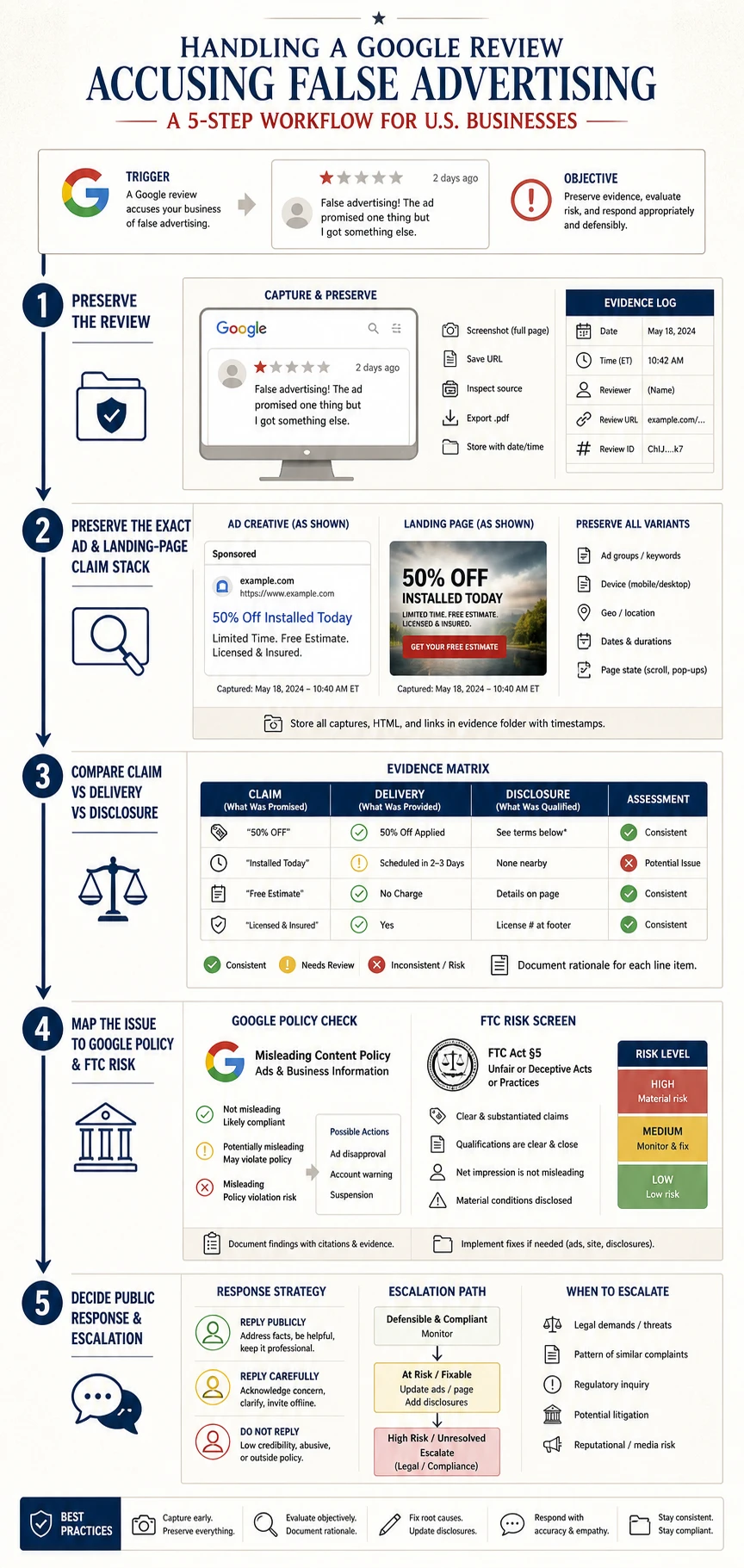 Technical infographic for handling a Google review accusing a business of false advertising in the USA