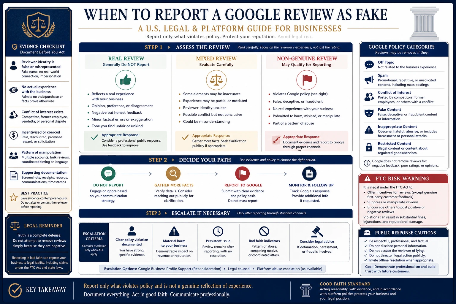 Technical infographic for deciding whether a Google review can be reported as fake in the United States