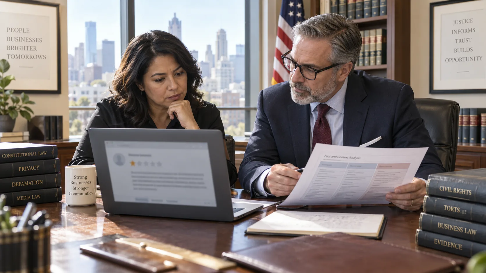 U.S. business owner and privacy attorney comparing false-light and defamation issues in a harmful Google review
