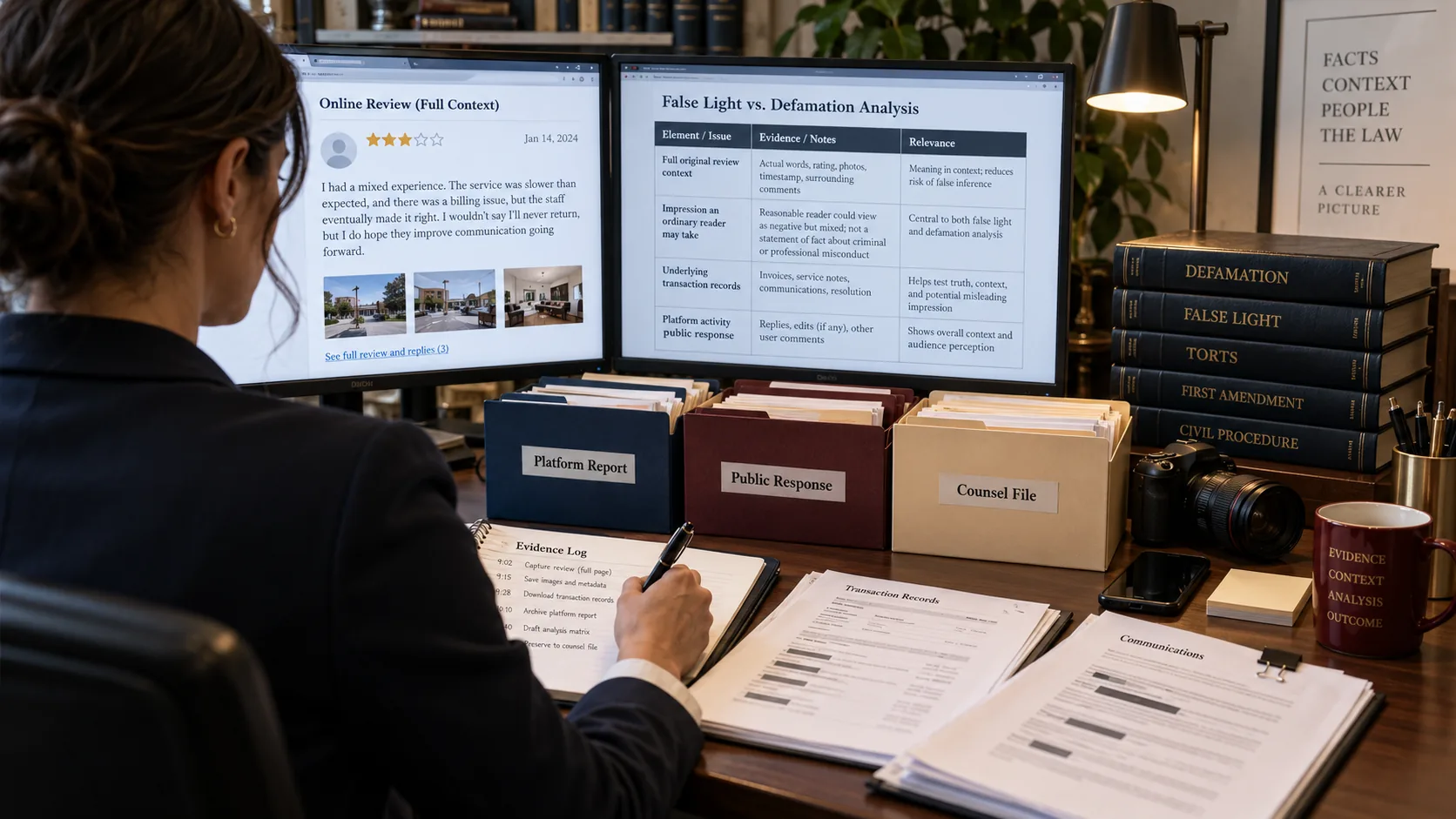 United States legal evidence specialist separating a Google review's facts, overall impression, and transaction record