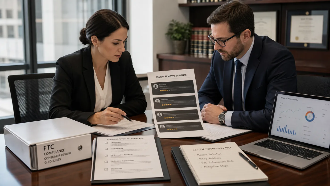 U.S. compliance team reviewing FTC review rules and Google review removal evidence