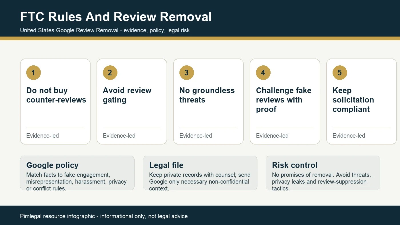 Technical infographic for FTC review rules and Google review removal in the USA