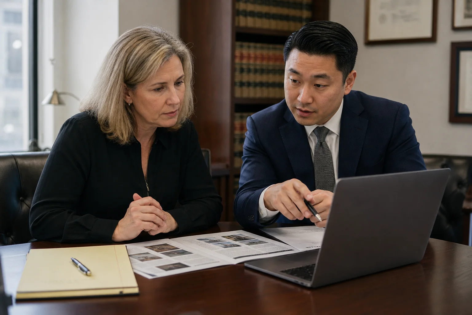 Attorney reviewing a Google review appeal file with a U.S. business owner
