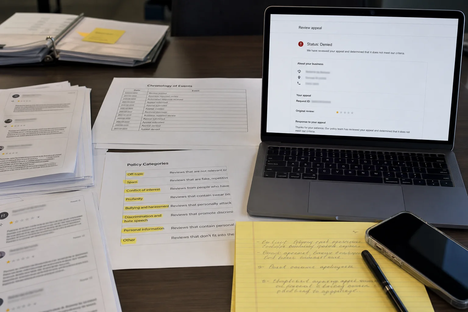 Google review appeal evidence file with policy categories and review chronology in the United States