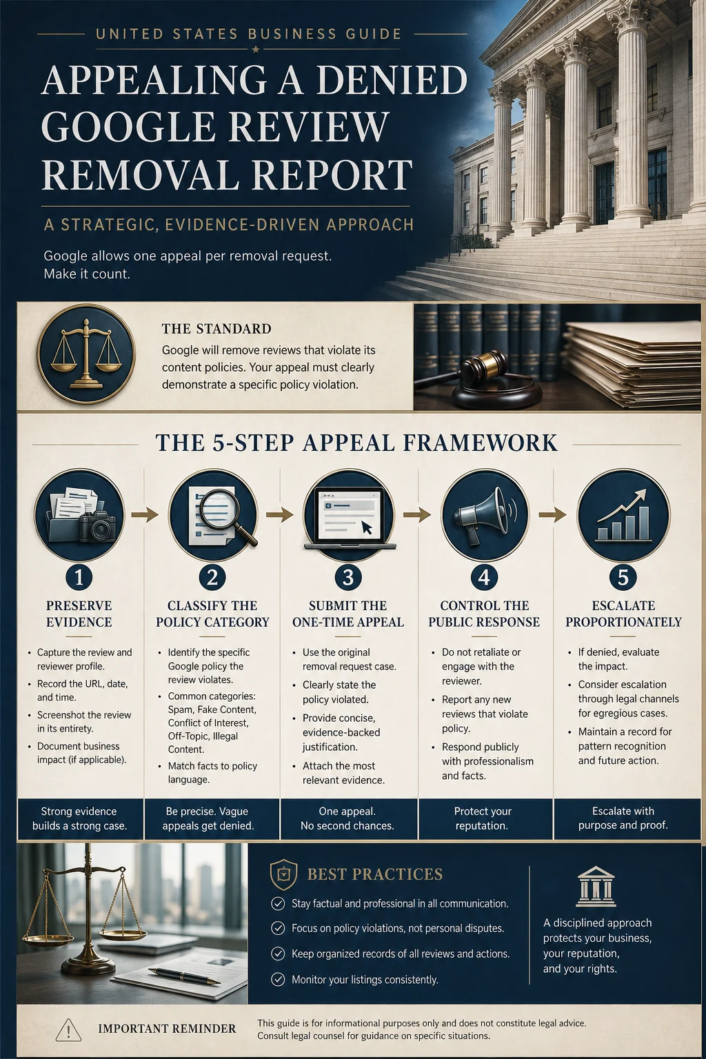 Technical infographic for a U.S. Google review one-time appeal workflow