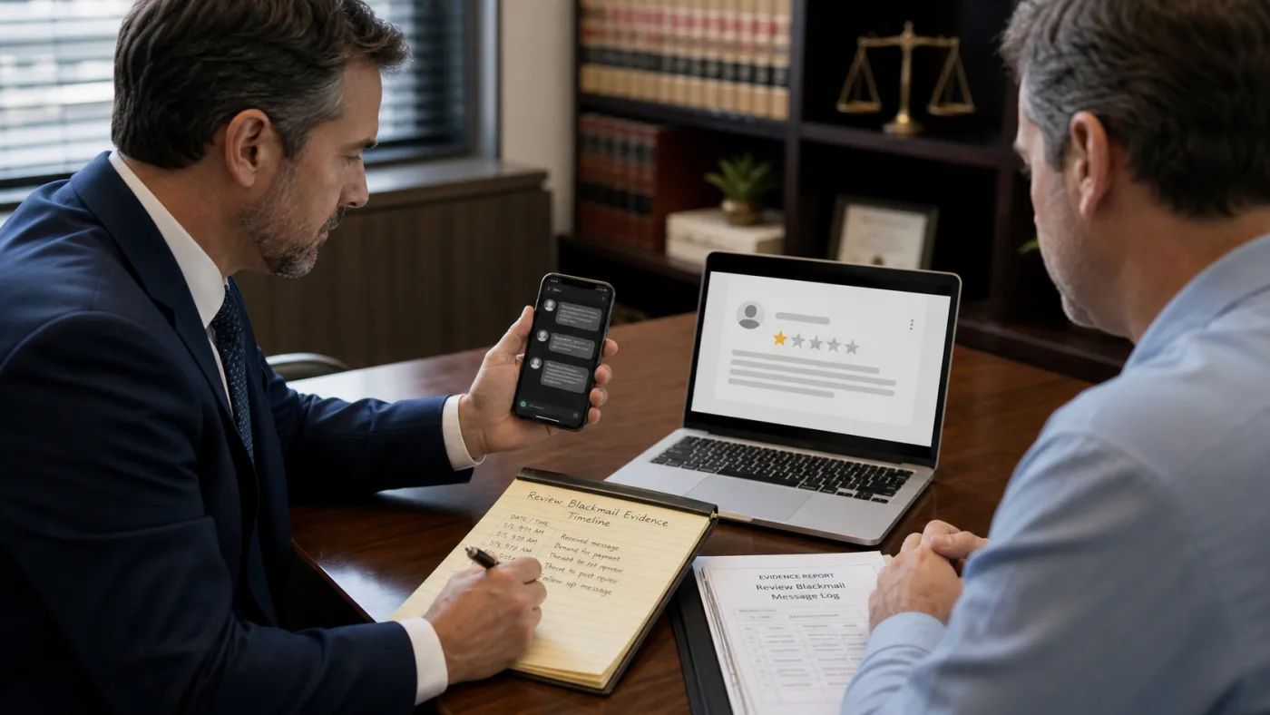 U.S. business owner and lawyer reviewing Google review blackmail messages