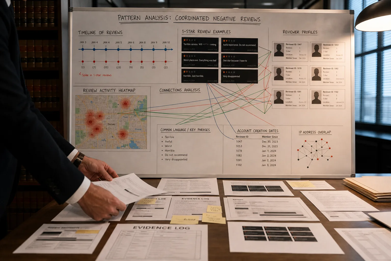 Pattern-analysis evidence board showing suspicious Google review timing and profile overlap in a U.S. office