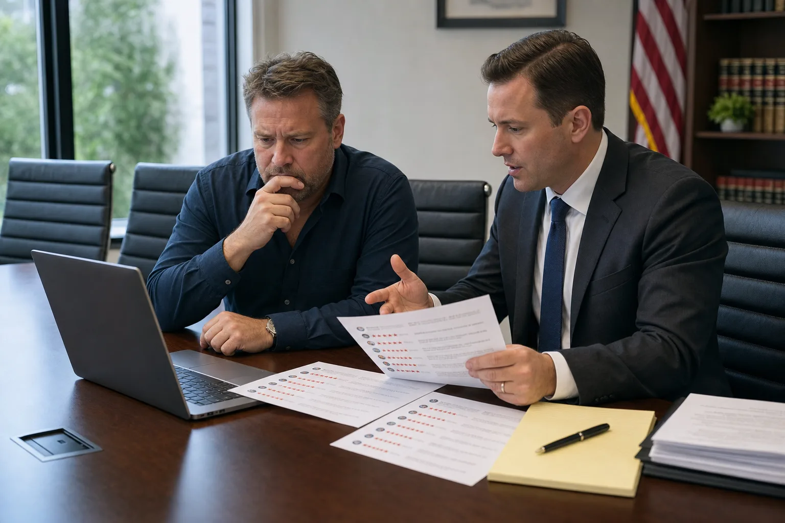 U.S. business owner and lawyer reviewing a sudden wave of one-star Google reviews in a conference room