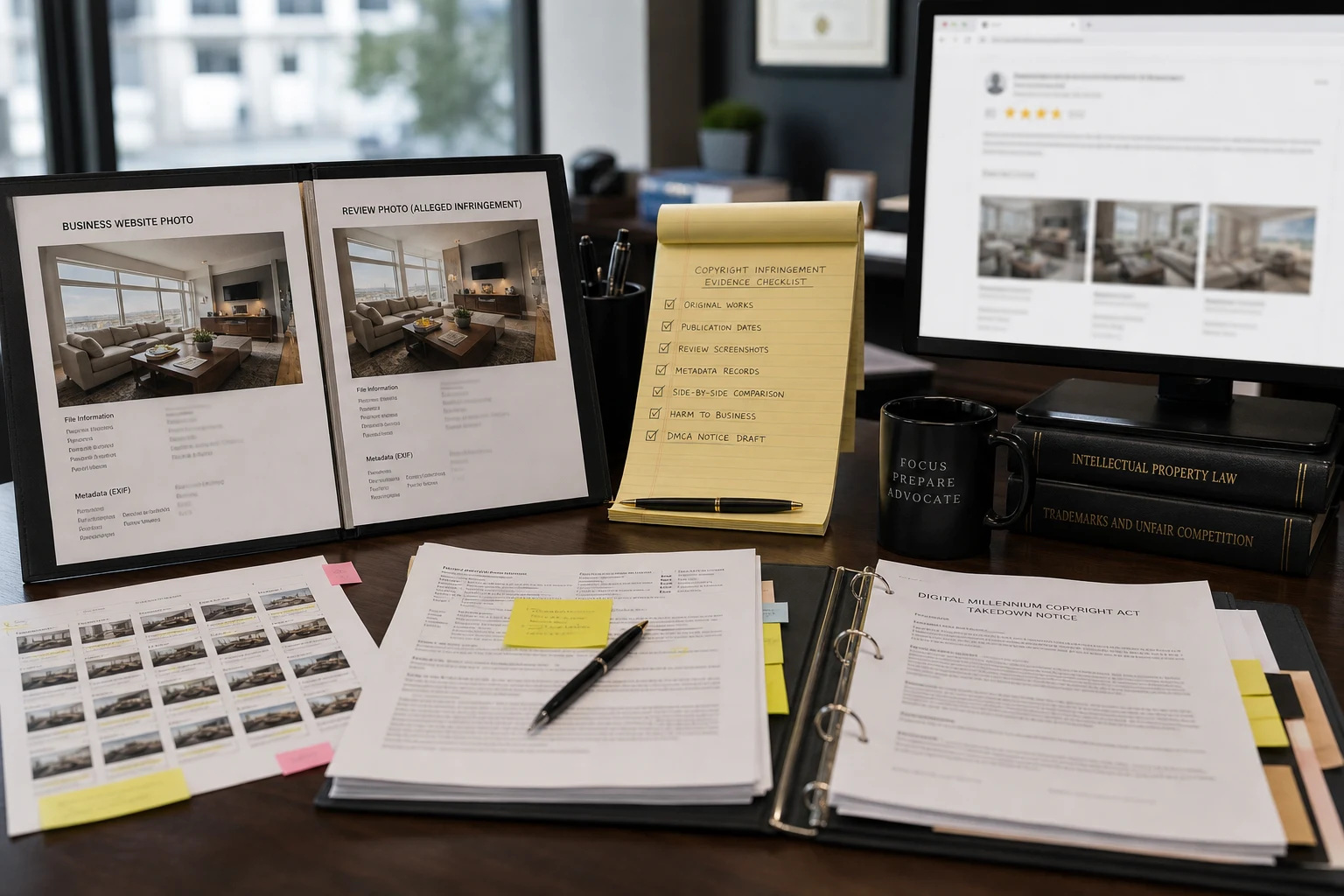 United States copyright evidence file comparing business photos with images reused in a Google review