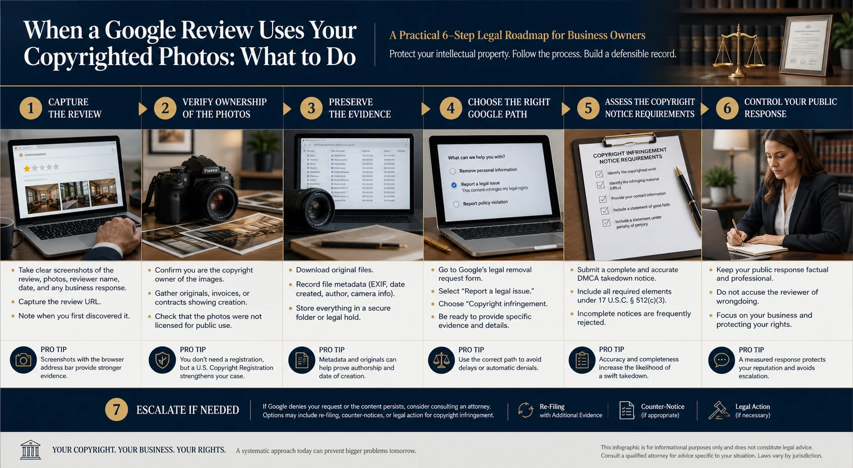 Technical infographic for U.S. businesses when a Google review uses copyrighted photos