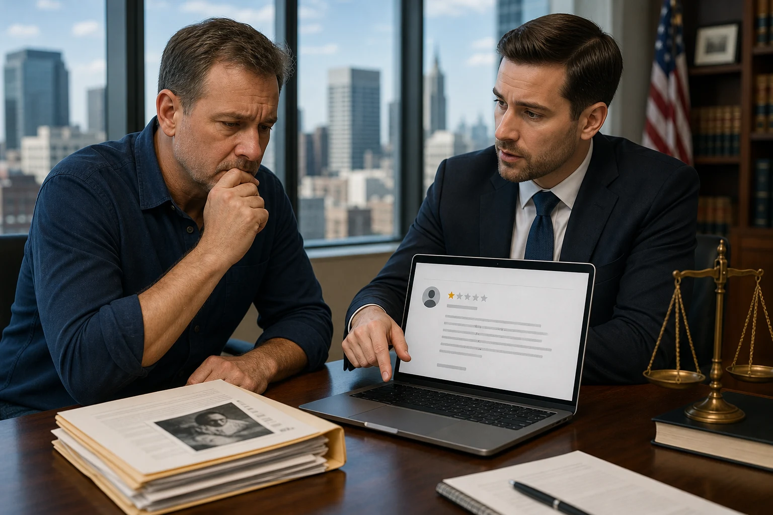 U.S. business owner and lawyer reviewing a Google review accusing a company of criminal conduct