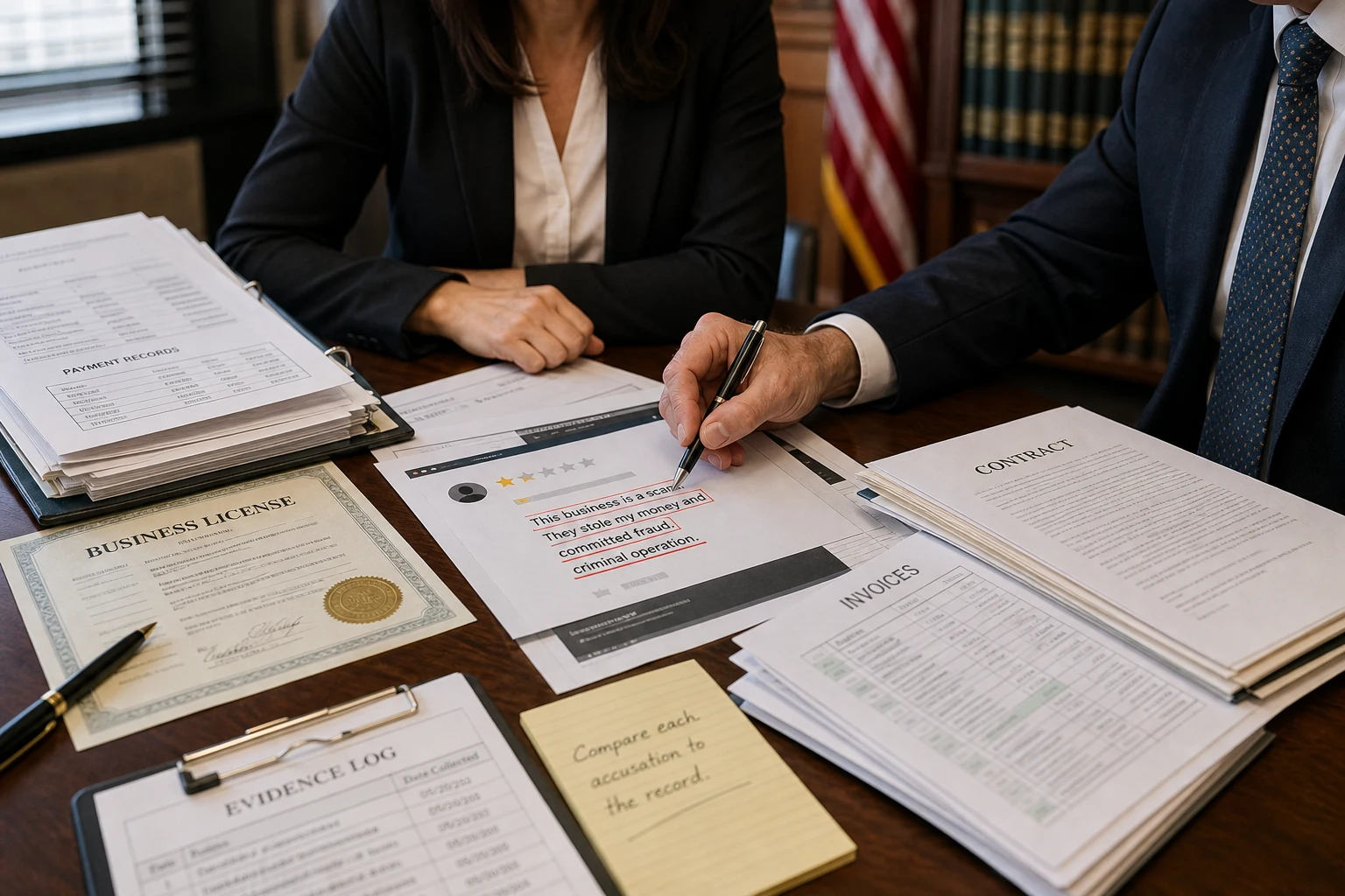 United States evidence file comparing a criminal-accusation Google review with payment, licensing, and communication records