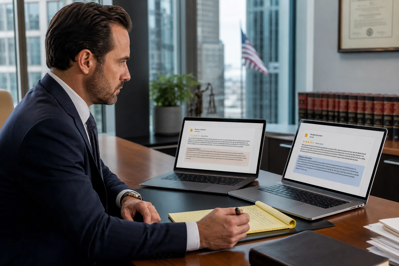 U.S. business owner and attorney comparing before-and-after versions of a harmful Google review