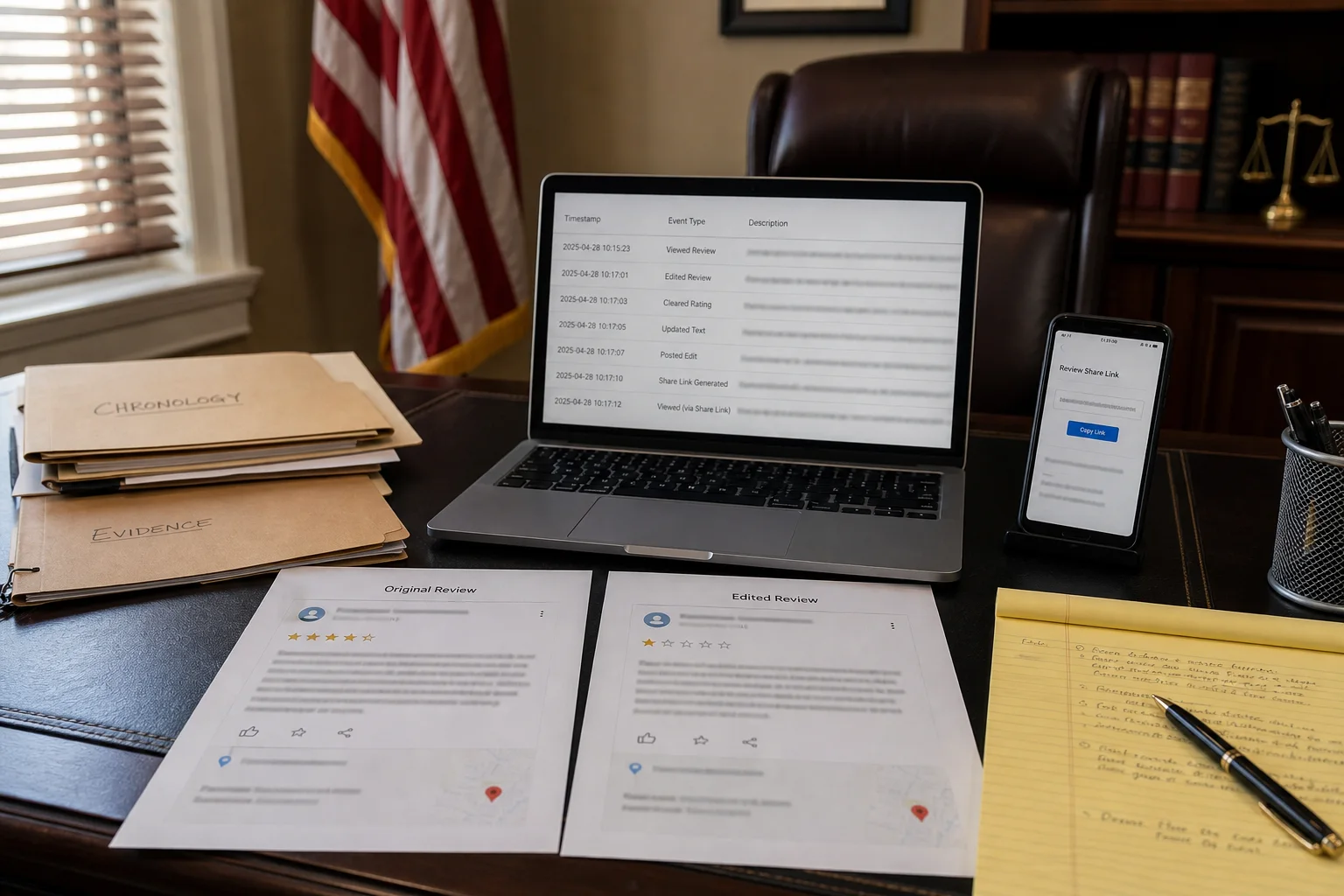 United States evidence desk tracking screenshots, timestamps, and review URLs after a Google review changed