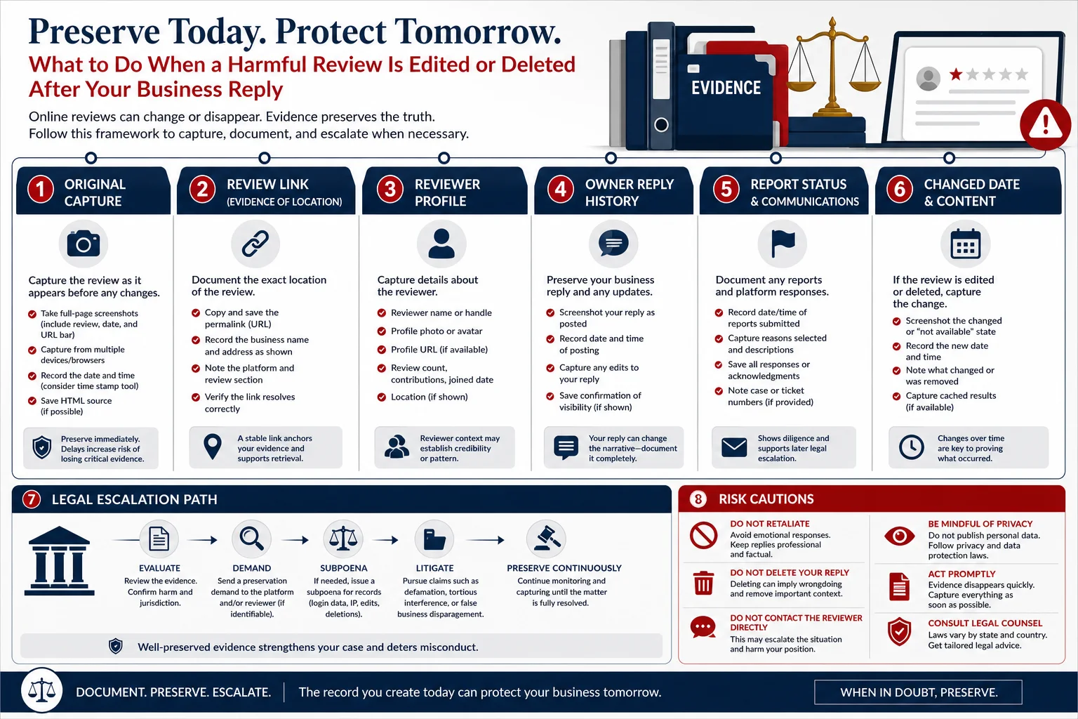 Technical infographic for preserving evidence when a U.S. Google review is edited or deleted