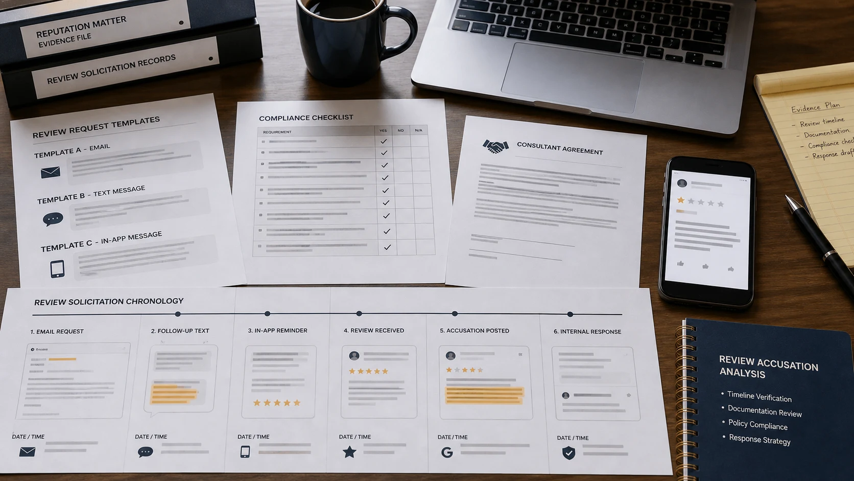 United States evidence desk comparing a fake-review accusation with review request records, agency notes, and Google screenshots
