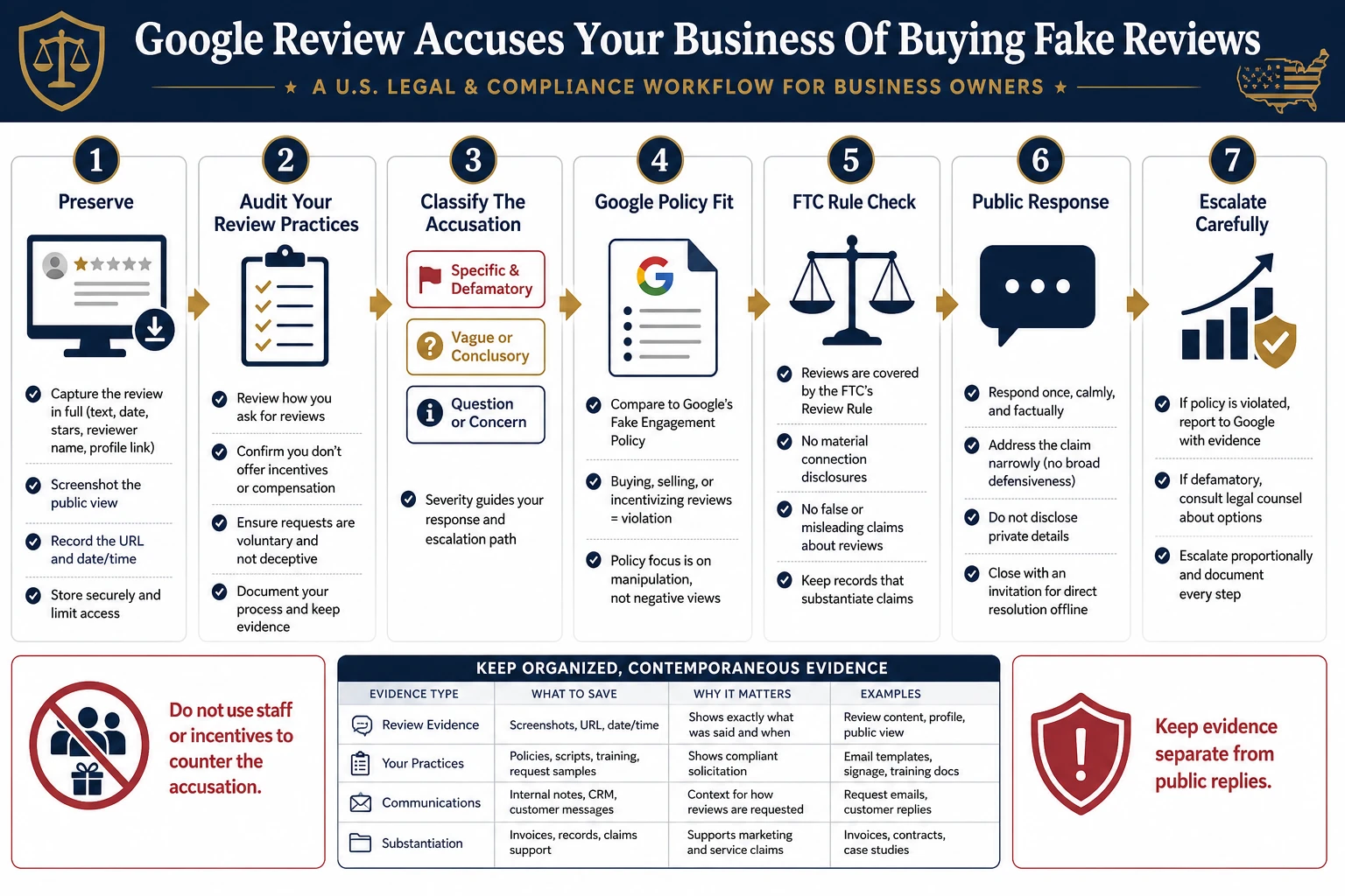 Technical infographic for handling a Google review accusing a U.S. business of buying fake reviews