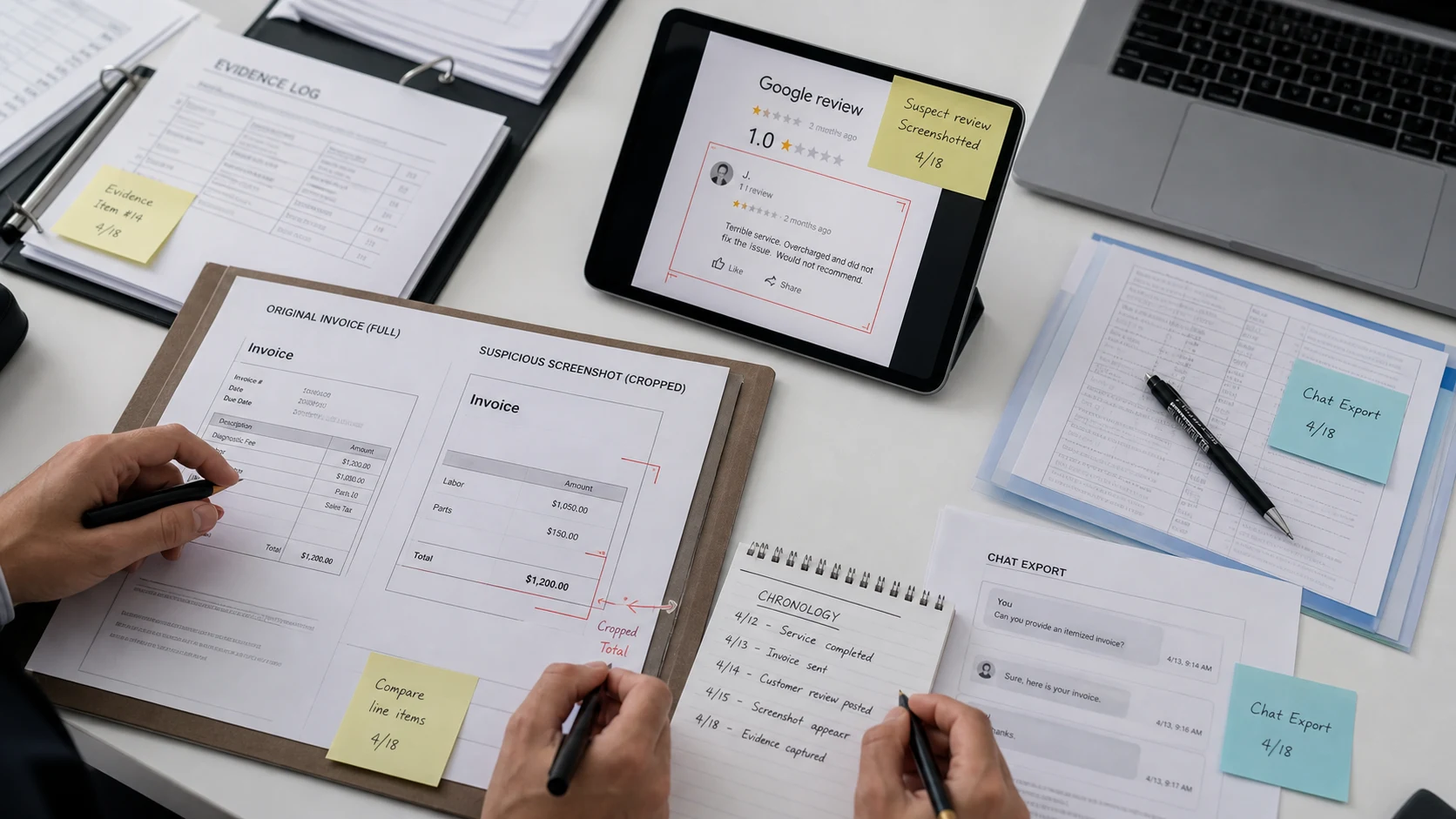 United States evidence desk preserving altered invoice images, chat exports, and Google review screenshots