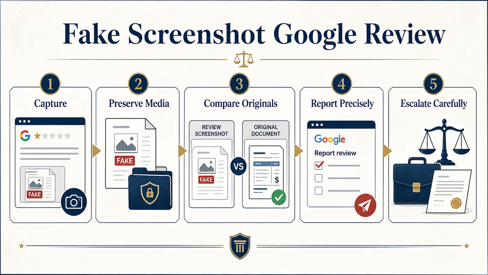 Technical infographic for handling fake screenshots or fabricated documents in a U.S. Google review dispute