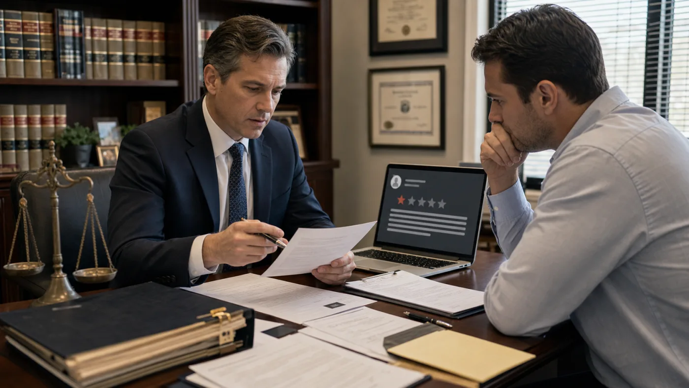 U.S. lawyer reviewing a Google review accusing a business of fraud