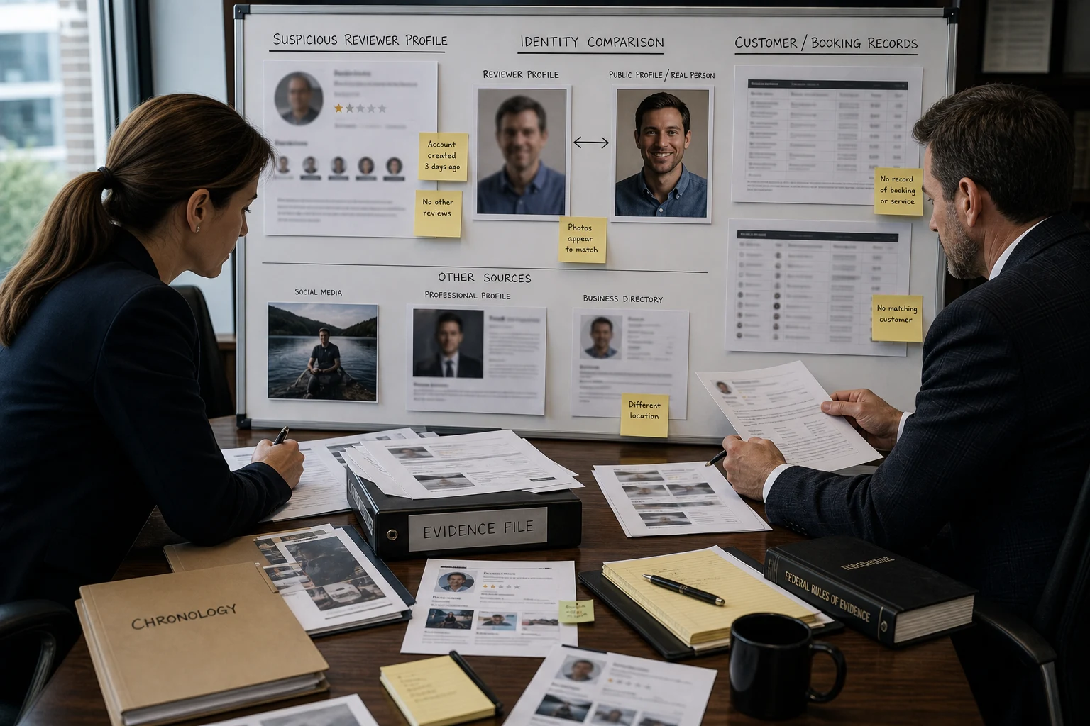 United States evidence board comparing a suspicious Google reviewer identity with customer and profile records