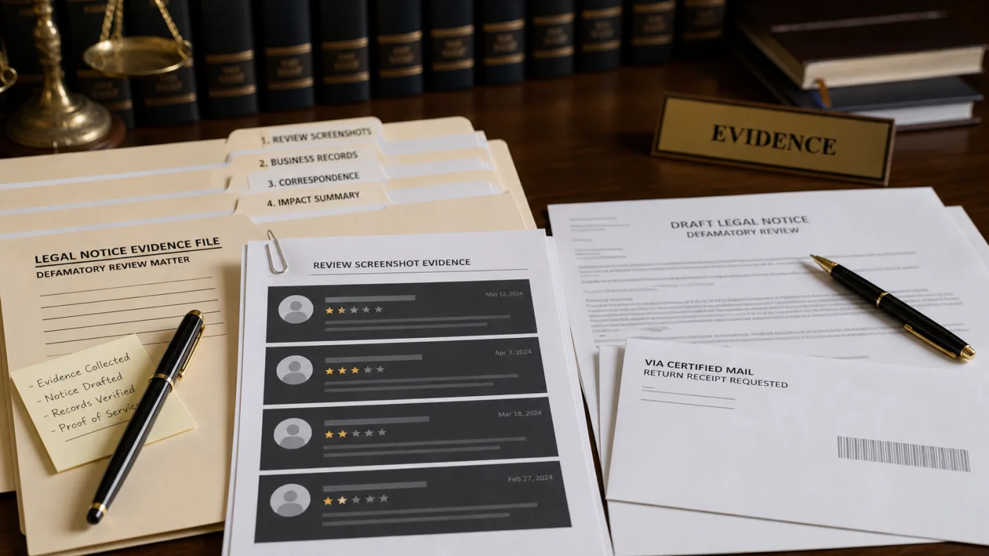 United States evidence desk with Google review screenshots and legal-removal chronology