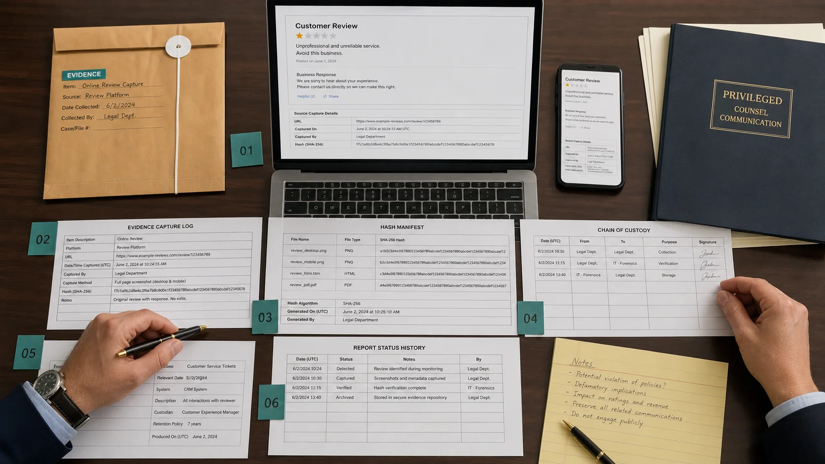 Forensic workspace preserving desktop and mobile Google review captures, hashes, custody records, and report history