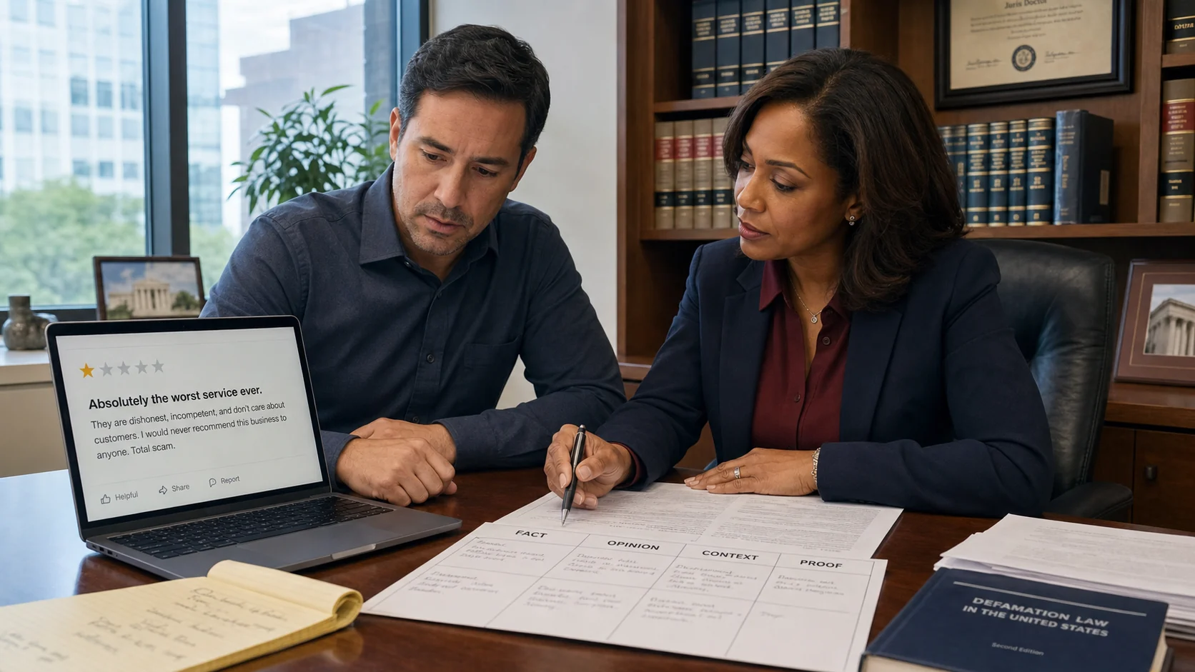 U.S. business owner and defamation attorney classifying a harmful Google review as fact, opinion, context, or provable accusation