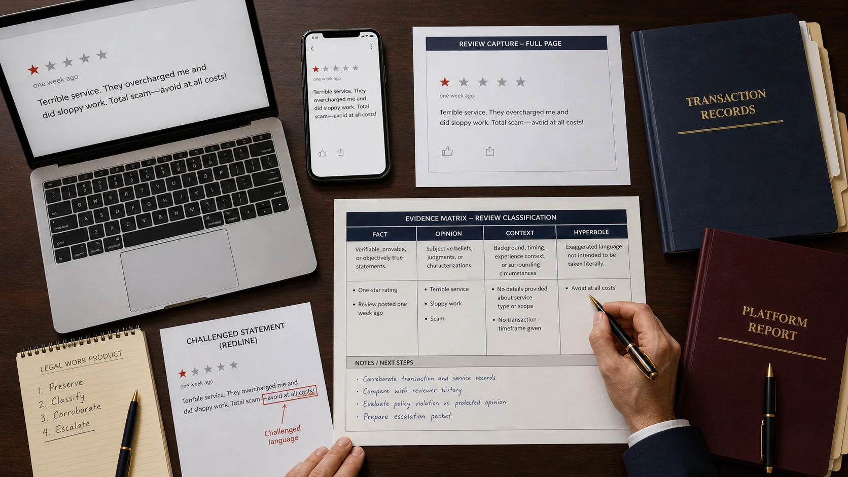 United States evidence desk separating Google review language into fact, opinion, context, and rhetorical hyperbole