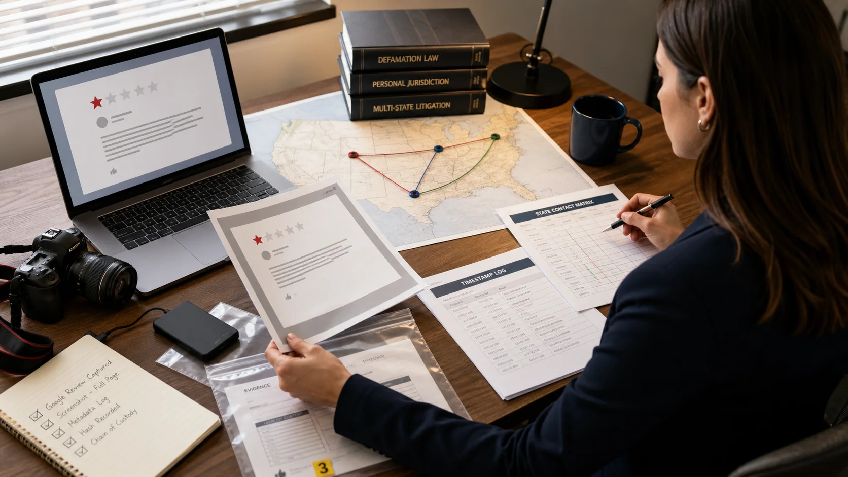 Evidence desk mapping state contacts in a U.S. Google review defamation dispute