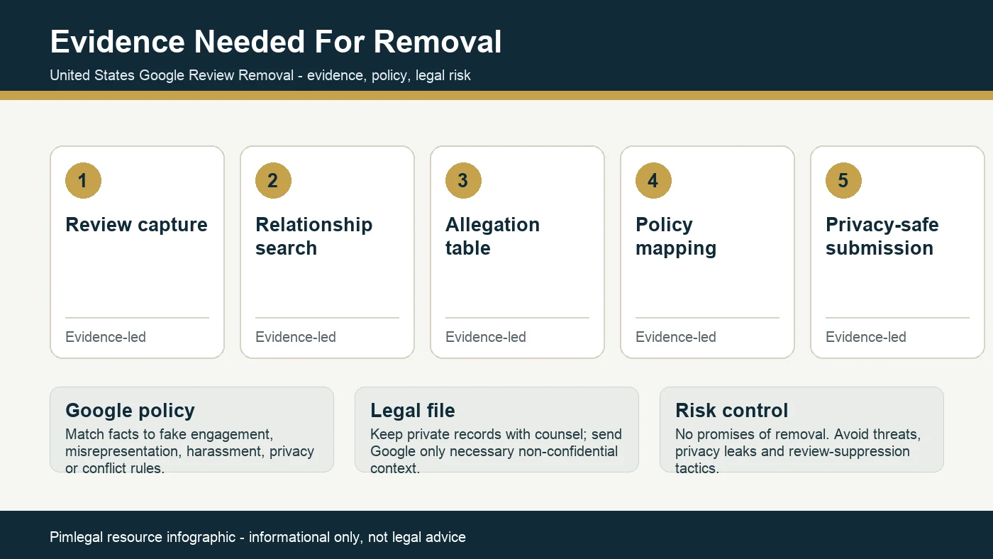 Technical infographic for evidence needed for Google review removal in the USA