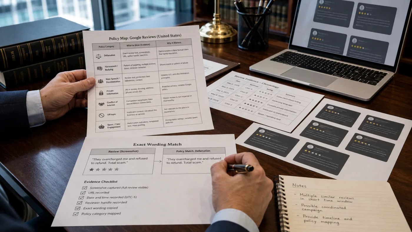 Policy mapping table for Google review removal evidence in the United States