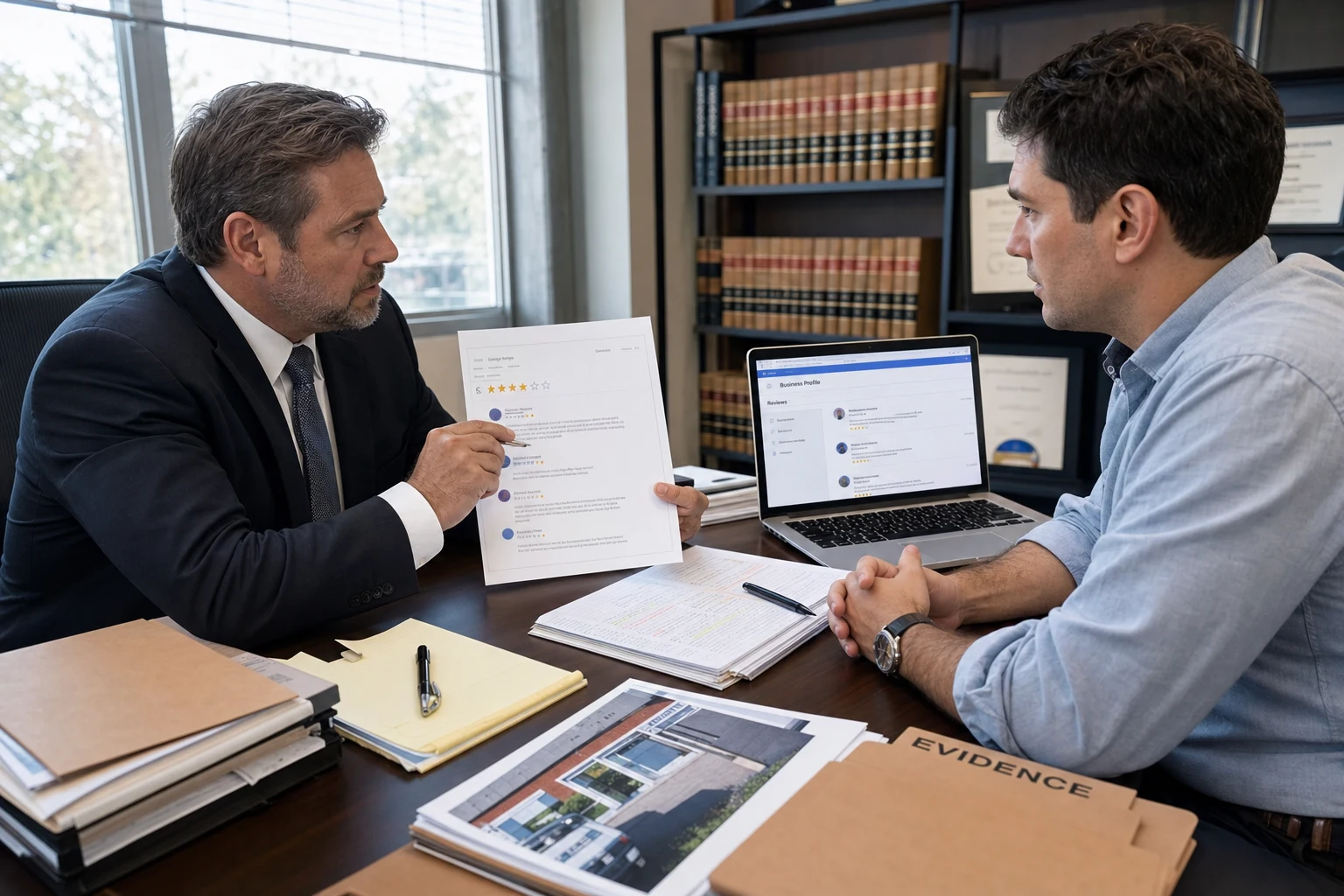 U.S. business owner and defamation lawyer reviewing a Google review before sending a retraction demand