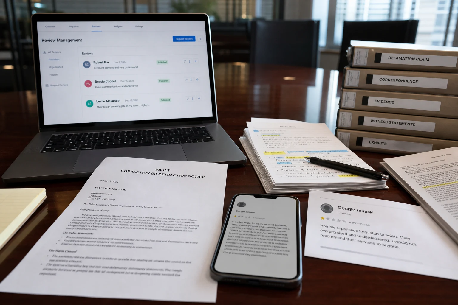 United States evidence desk comparing Google review screenshots, draft correction demands, and state-law research notes