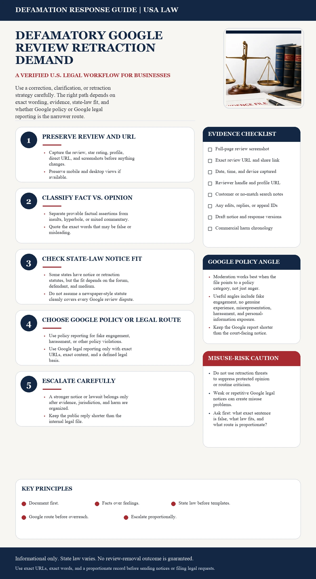 Technical infographic for retraction-demand strategy after a defamatory Google review in the USA