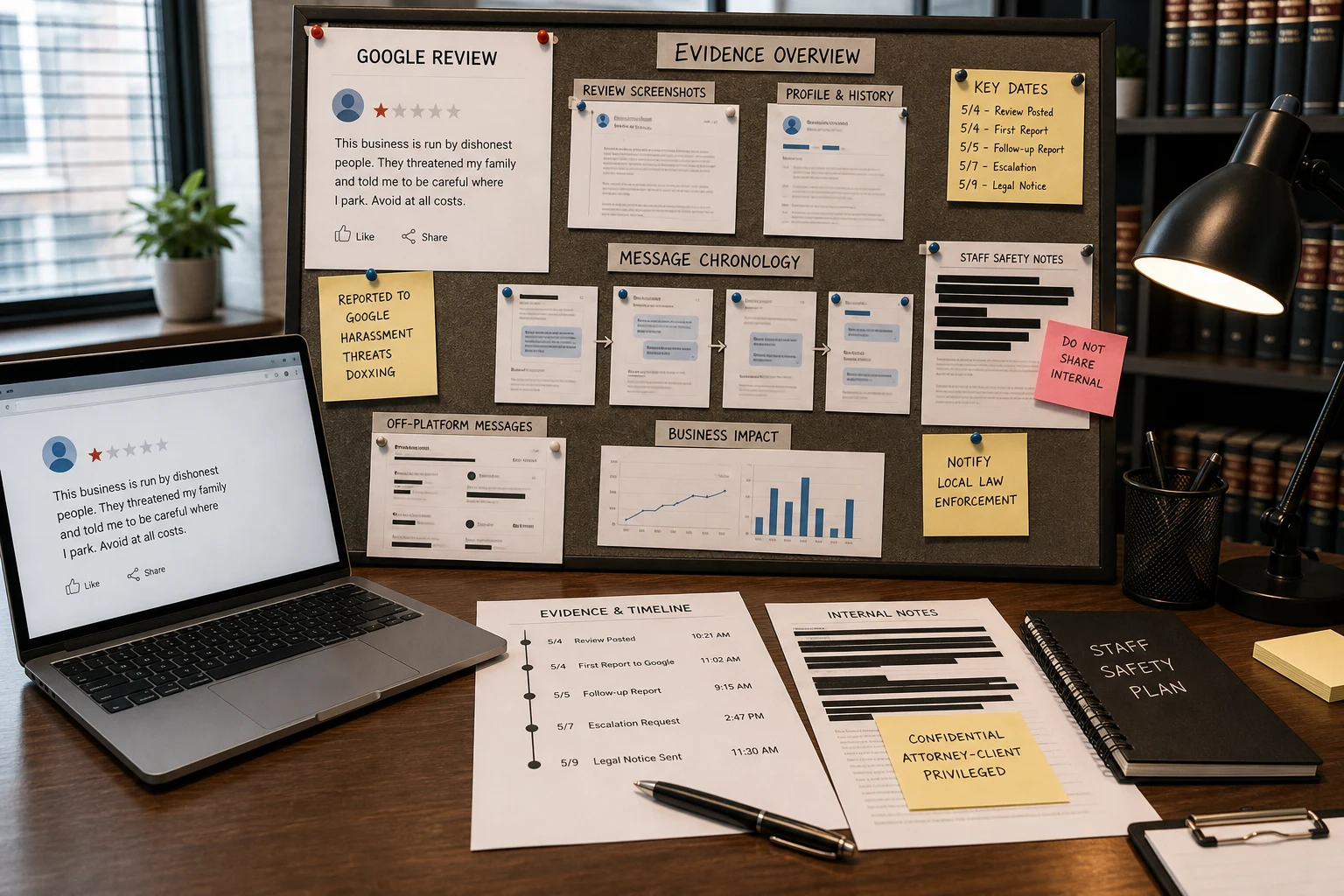 United States evidence board mapping a threatening Google review, staff-safety notes, and off-platform messages