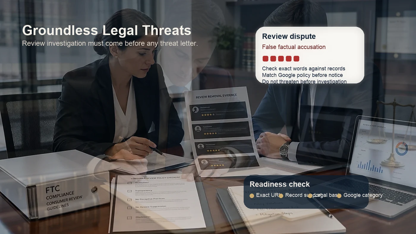 U.S. business owner and attorney reviewing whether a Google review dispute justifies a legal threat