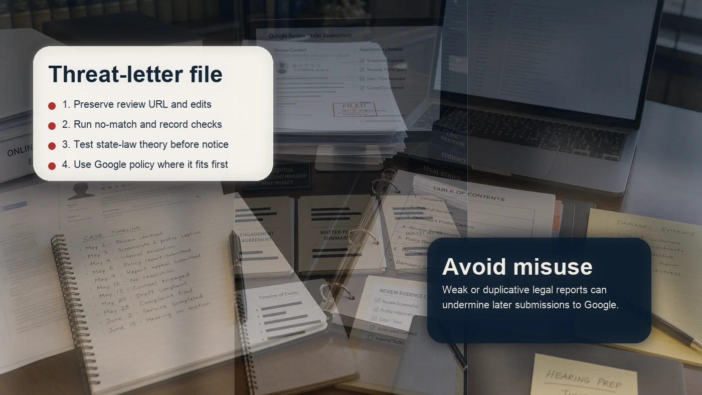 United States evidence file comparing a disputed Google review, draft demand letter, and supporting records