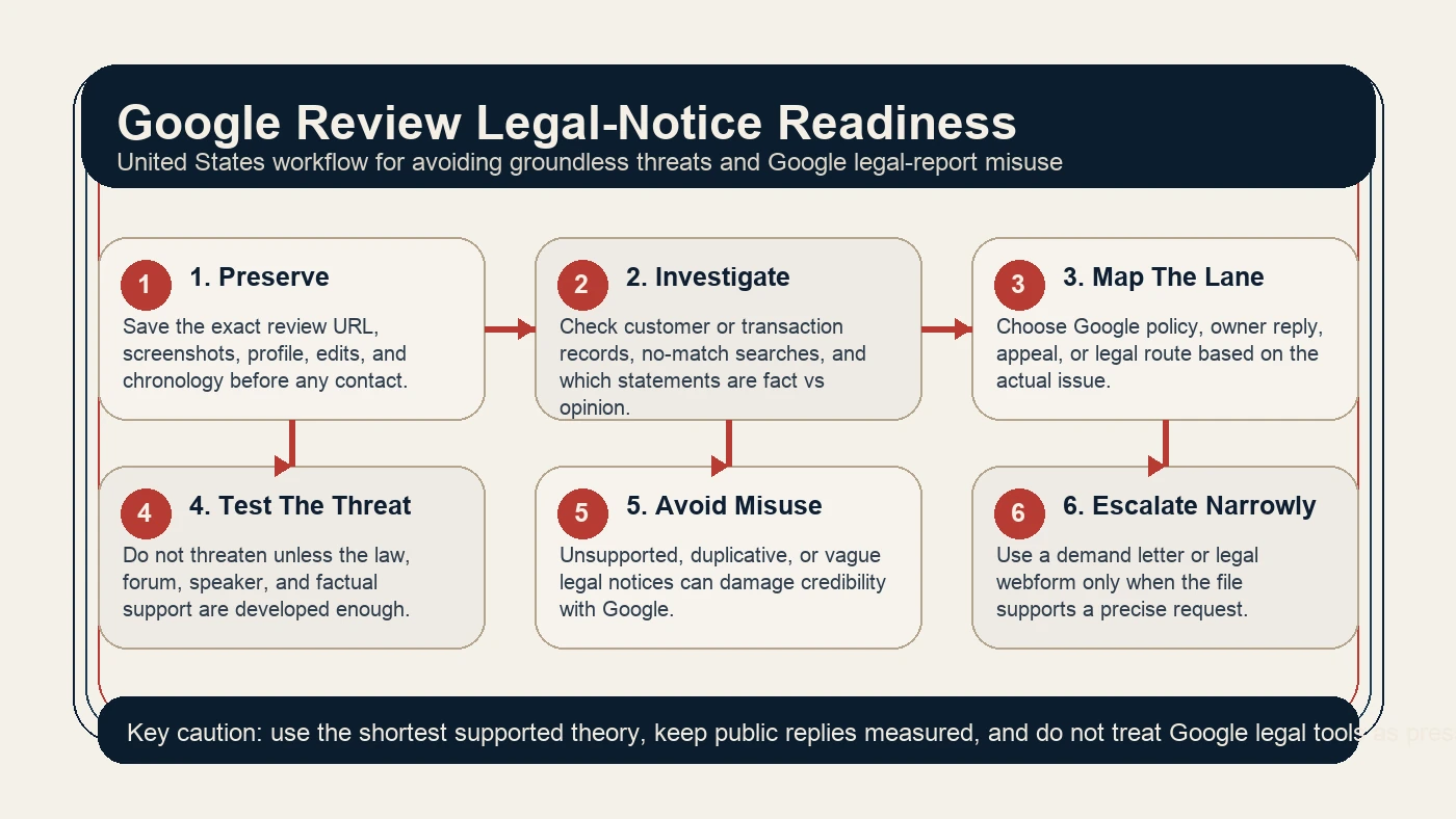 Technical infographic for avoiding groundless legal threats in a U.S. Google review dispute