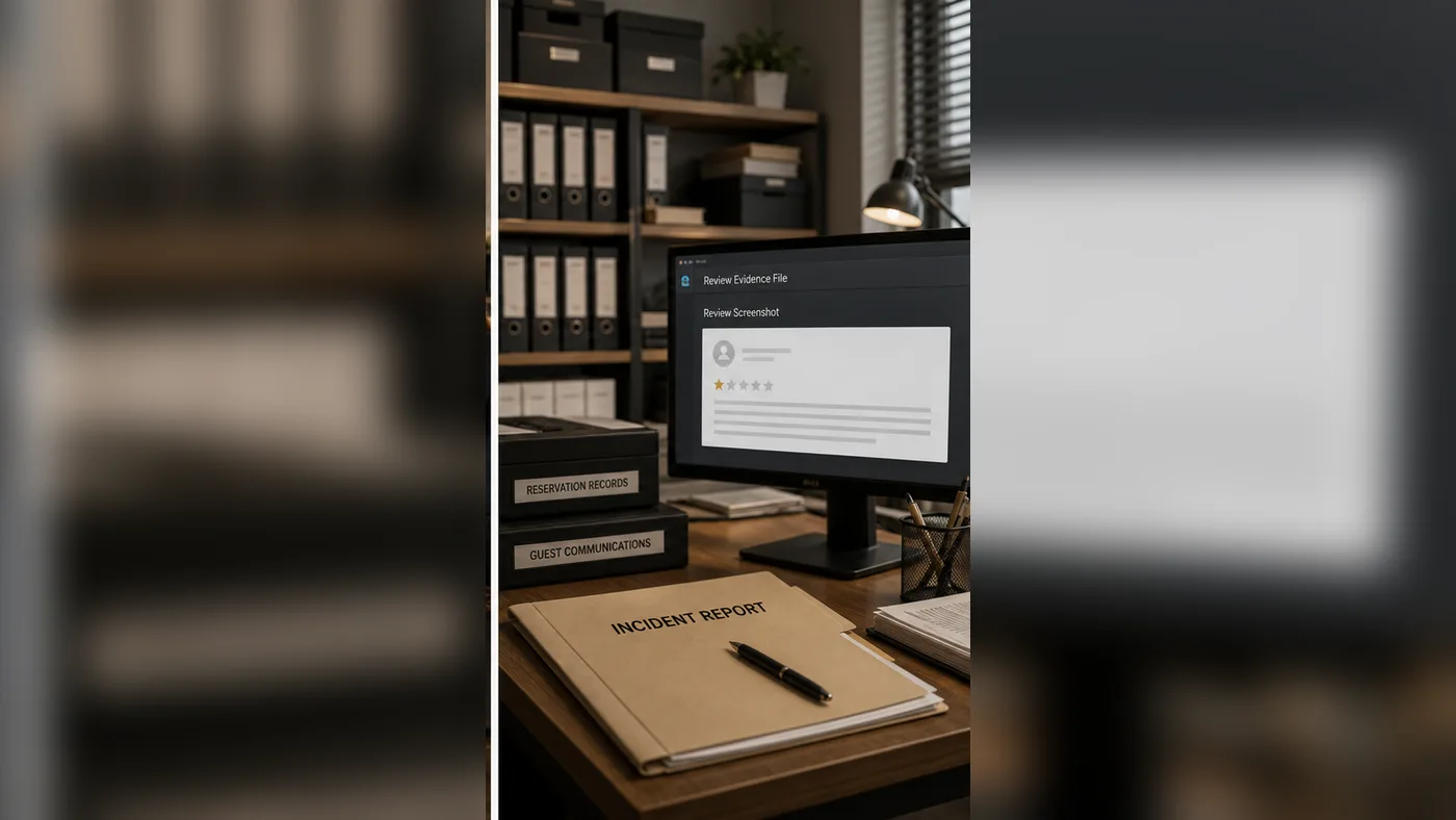 Hotel evidence desk in the United States with guest records and Google review screenshots