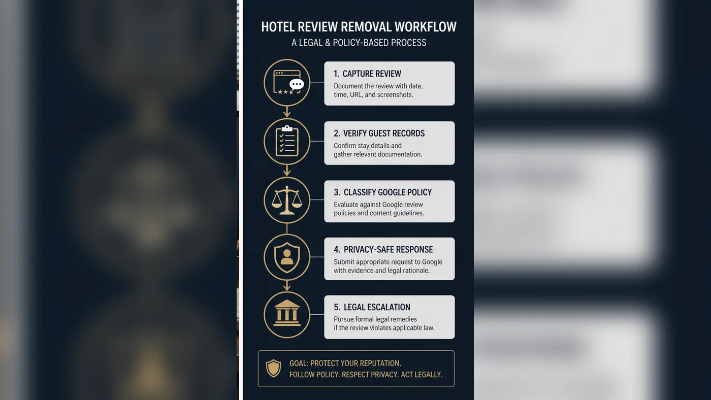 Technical infographic for U.S. hotel Google review removal workflow