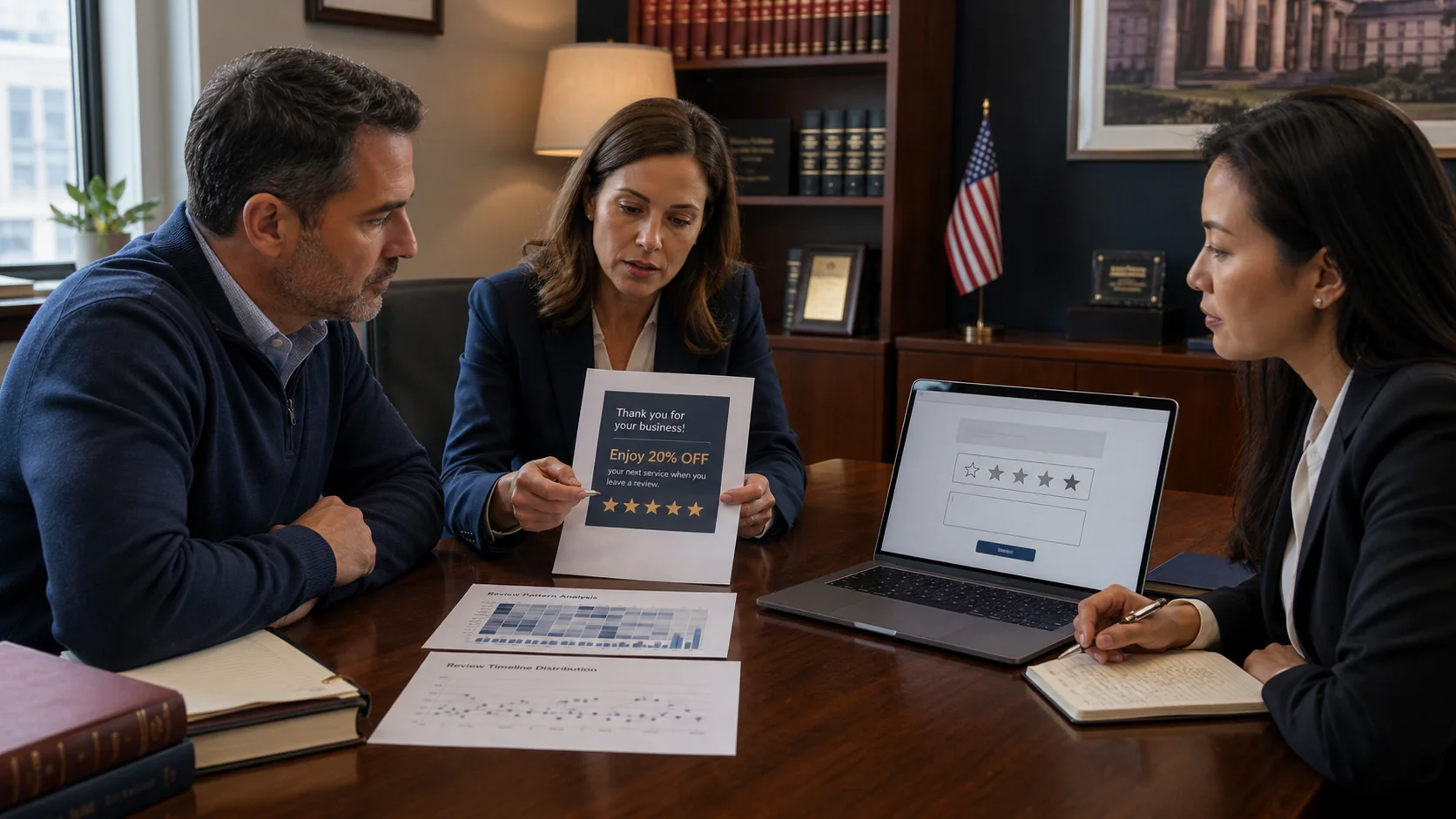U.S. business owner, attorney, and compliance professional analyzing suspected incentivized Google reviews