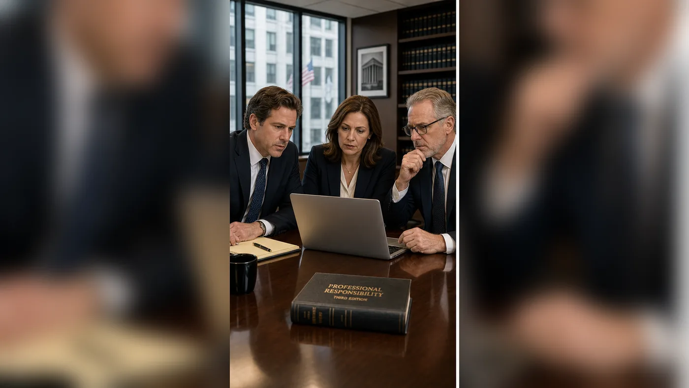 U.S. law firm partners reviewing a harmful Google review with ethics counsel