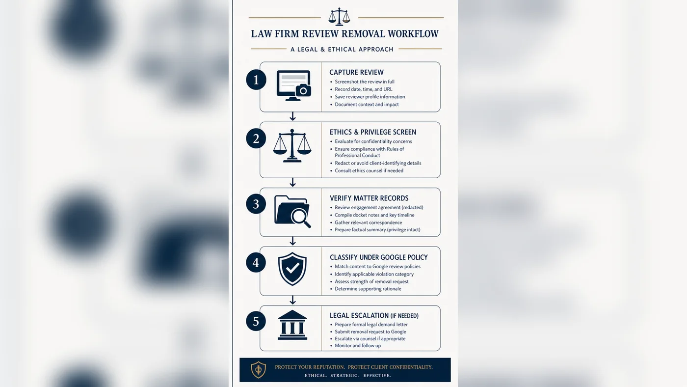 Technical infographic for U.S. law firm Google review removal workflow